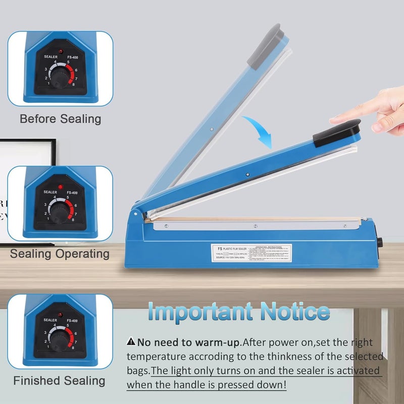 Piwerod 16 Inch Impulse Heat Sealer Machine for Plastic Bags PE PP Bags and Kraft Paper Bag, Cookie Bag Sealer, Manual Poly Bag Hot Seal Sealing Machine with Extra Replace Element Grip - Image 4